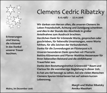 Traueranzeige von Clemens Cedric Ribatzky von Trauerportal Rhein Main Presse