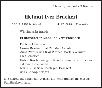 Traueranzeige von Helmut Iver Brackert von Trauerportal Echo Online