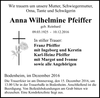 Traueranzeige von Anna Wilhelmine Pfeiffer von Trauerportal Rhein Main Presse