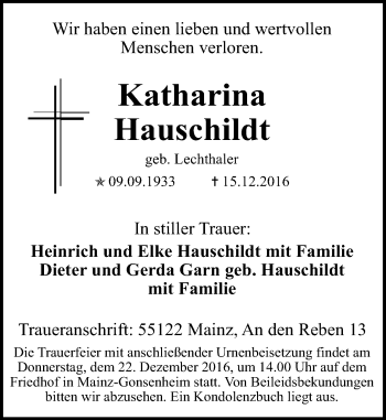 Traueranzeige von Katharina Hauschildt von Trauerportal Rhein Main Presse
