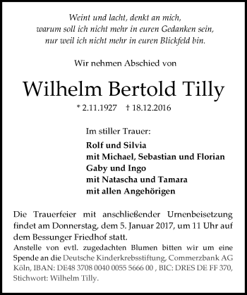 Traueranzeige von Wilhelm Bertold Tilly von Trauerportal Echo Online
