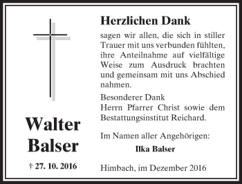 Traueranzeige von Walter Balser von  Kreisanzeiger