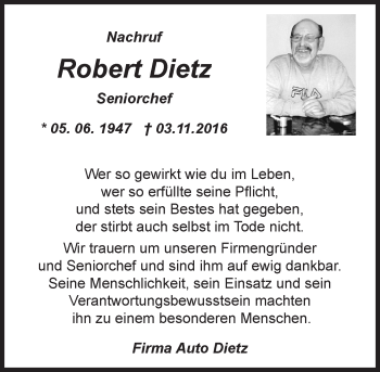Traueranzeige von Robert Dietz von Trauerportal Rhein Main Presse