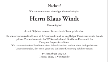 Traueranzeige von Klaus Windt von Trauerportal Echo Online