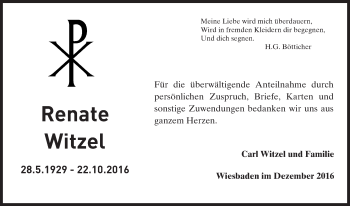 Traueranzeige von Renate Witzel von Trauerportal Rhein Main Presse