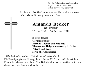 Traueranzeige von Amanda Becker von Trauerportal Rhein Main Presse
