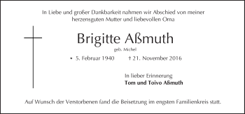 Traueranzeige von Brigitte Aßmuth von Trauerportal Echo Online