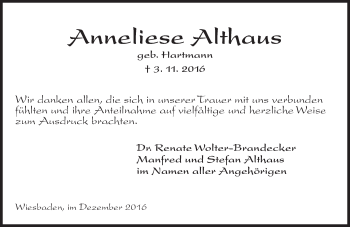 Traueranzeige von Anneliese Althaus von Trauerportal Rhein Main Presse