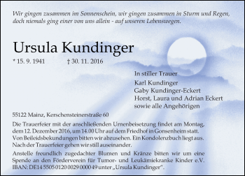 Traueranzeige von Ursula Kundinger von Trauerportal Rhein Main Presse