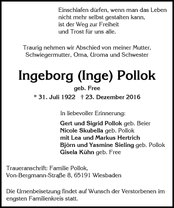 Traueranzeige von Ingeborg Pollok von Trauerportal Rhein Main Presse