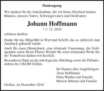 Traueranzeige von Johann Hoffmann von  Gießener Anzeiger