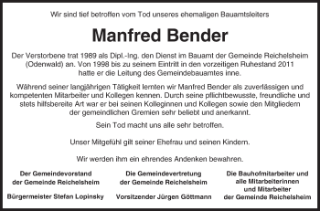 Traueranzeige von Manfred Bender von Trauerportal Echo Online