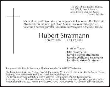 Traueranzeige von Hubert Stratmann von Trauerportal Rhein Main Presse