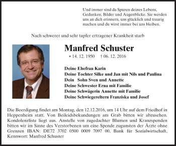 Traueranzeige von Manfred Schuster von Trauerportal Echo Online