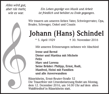 Traueranzeige von Johann Schindel von Trauerportal Rhein Main Presse