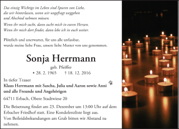 Traueranzeige von Sonja Herrmann von Trauerportal Echo Online