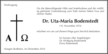 Traueranzeige von Uta-Maria Bodenstedt von  Gießener Anzeiger