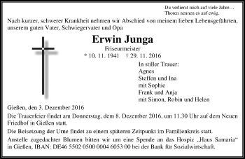 Traueranzeige von Erwin Junga von  Gießener Anzeiger