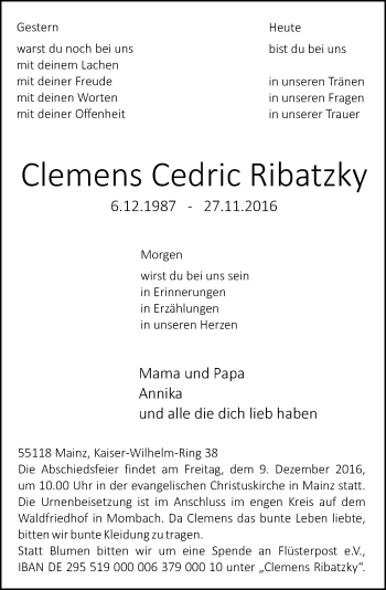 Traueranzeige von Clemens Cedric Ribatzky von Trauerportal Rhein Main Presse