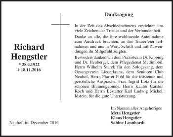 Traueranzeige von Richard Hengstler von Trauerportal Rhein Main Presse