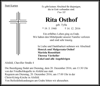 Traueranzeige von Rita Osthof von VRM Trauer