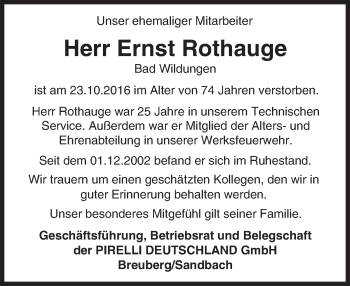 Traueranzeige von Ernst Rothauge von Trauerportal Echo Online