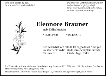 Traueranzeige von Eleonore Brauner von Trauerportal Rhein Main Presse