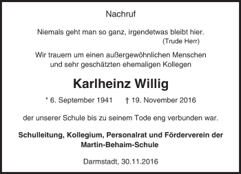 Traueranzeige von Karlheinz Willig von Trauerportal Echo Online