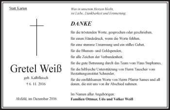 Traueranzeige von Gretel Weiß von VRM Trauer