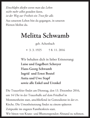 Traueranzeige von Melitta Schwamb von Trauerportal Rhein Main Presse