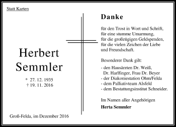 Traueranzeige von Herbert Semmler von VRM Trauer