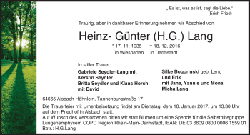 Traueranzeige von Heinz- Günter Lang von Trauerportal Echo Online