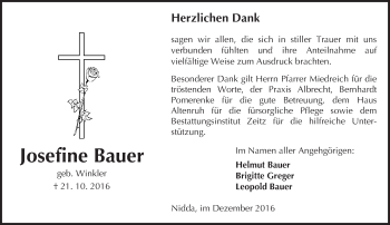 Traueranzeige von Josefine Bauer von  Kreisanzeiger