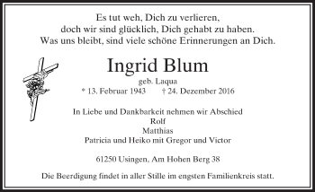 Traueranzeige von Ingrid Blum von  Usinger Anzeiger