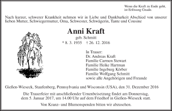 Traueranzeige von Anni Kraft von  Gießener Anzeiger