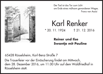 Traueranzeige von Karl Renker von Trauerportal Rhein Main Presse