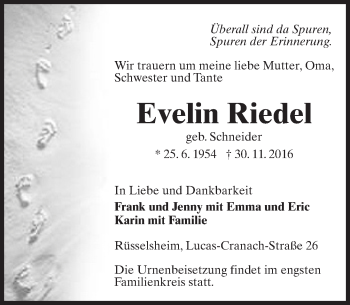 Traueranzeige von Evelin Riedel von Trauerportal Rhein Main Presse