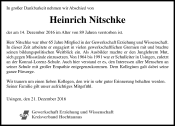 Traueranzeige von Heinrich Nitschke von  Usinger Anzeiger