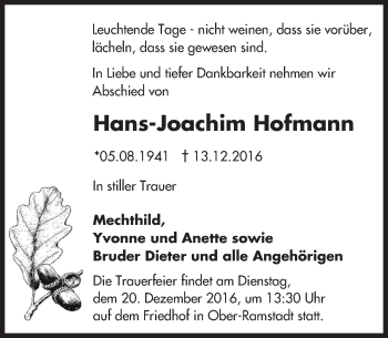 Traueranzeige von Hans-Joachim Hofmann von Trauerportal Echo Online