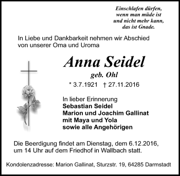 Traueranzeige von Anna Seidel von Trauerportal Echo Online