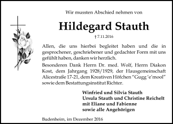 Traueranzeige von Hildegard Stauth von Trauerportal Rhein Main Presse