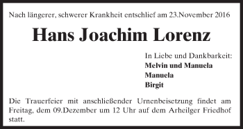 Traueranzeige von Hans Joachim Lorenz von Trauerportal Echo Online
