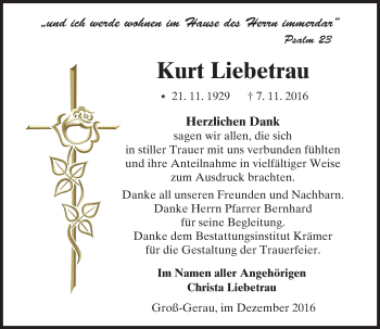 Traueranzeige von Kurt Liebetrau von Trauerportal Echo Online