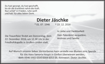Traueranzeige von Dieter Jäschke von  Gießener Anzeiger
