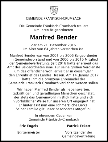 Traueranzeige von Manfred Bender von Trauerportal Echo Online