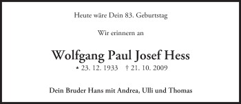 Traueranzeige von Wolfgang Paul Josef Hess von Trauerportal Echo Online