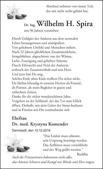 Traueranzeige von Wilhelm H. Spira von Trauerportal Echo Online