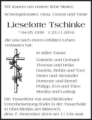 Traueranzeige von Lieselotte Tschinke von Trauerportal Echo Online