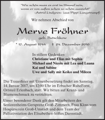Traueranzeige von Merve Fröhner von Trauerportal Echo Online
