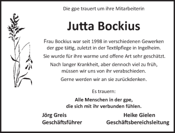 Traueranzeige von Jutta Bockius von Trauerportal Rhein Main Presse